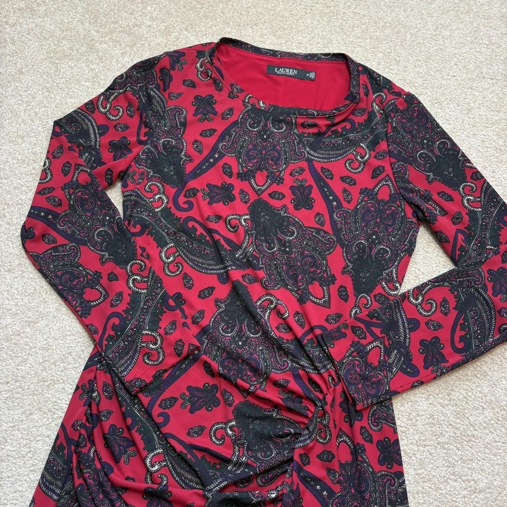 Lauren Ralph Lauren Dress Womens 10 Red Paisley Ruched Sheath Long Sleeve Floral